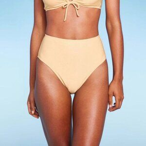 SHADE & SHORE BIKINI BOTTOM YELLOW SHIMMER RUCHED BACK WOMEN'S HIGH WAIST NWT